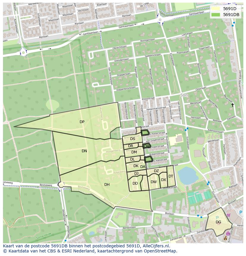 Afbeelding van het postcodegebied 5691 DB op de kaart.