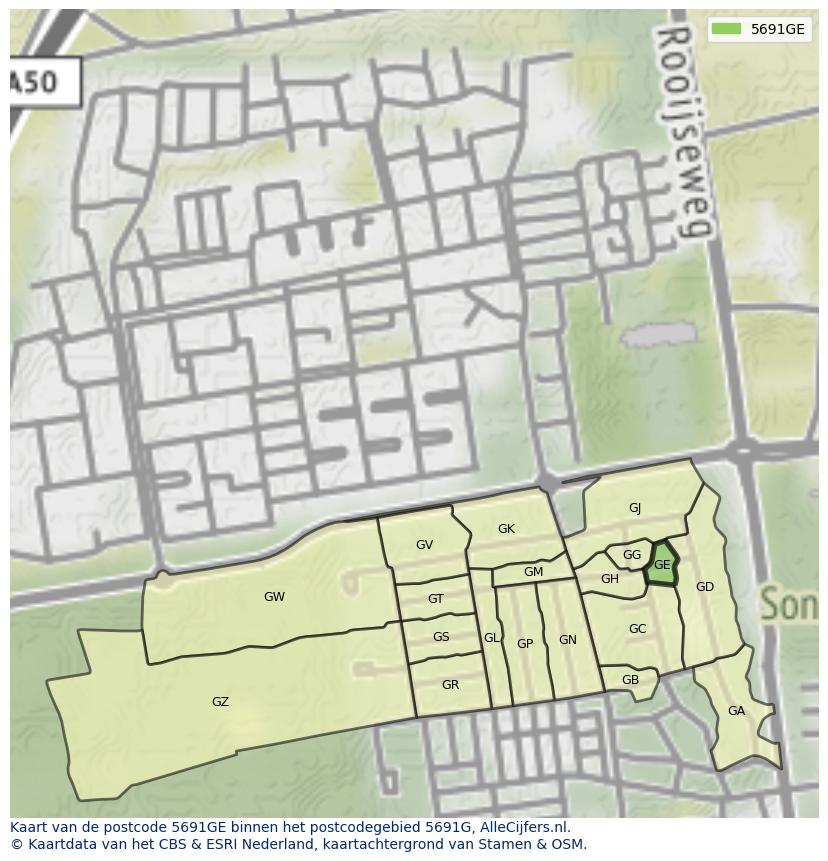 Afbeelding van het postcodegebied 5691 GE op de kaart.