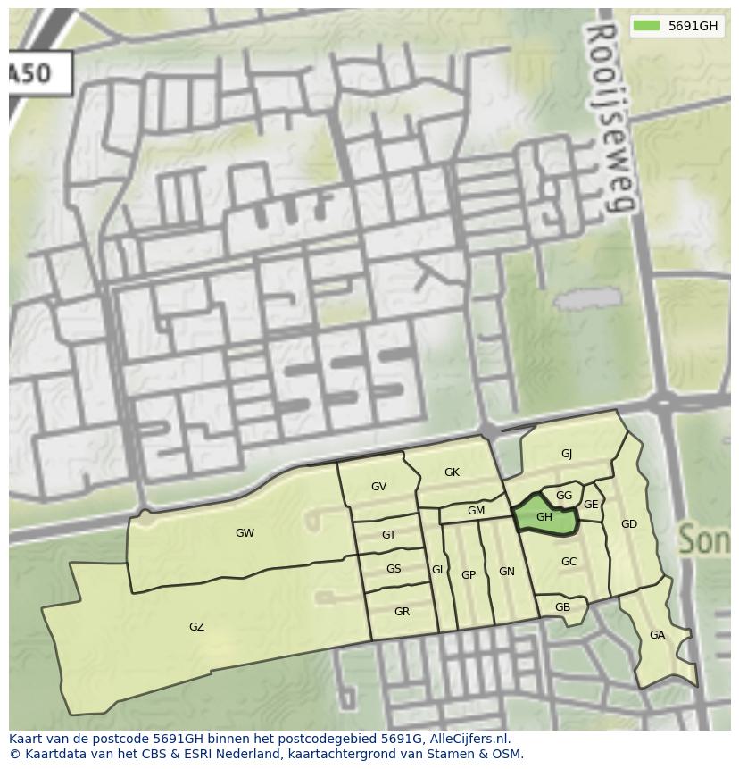 Afbeelding van het postcodegebied 5691 GH op de kaart.
