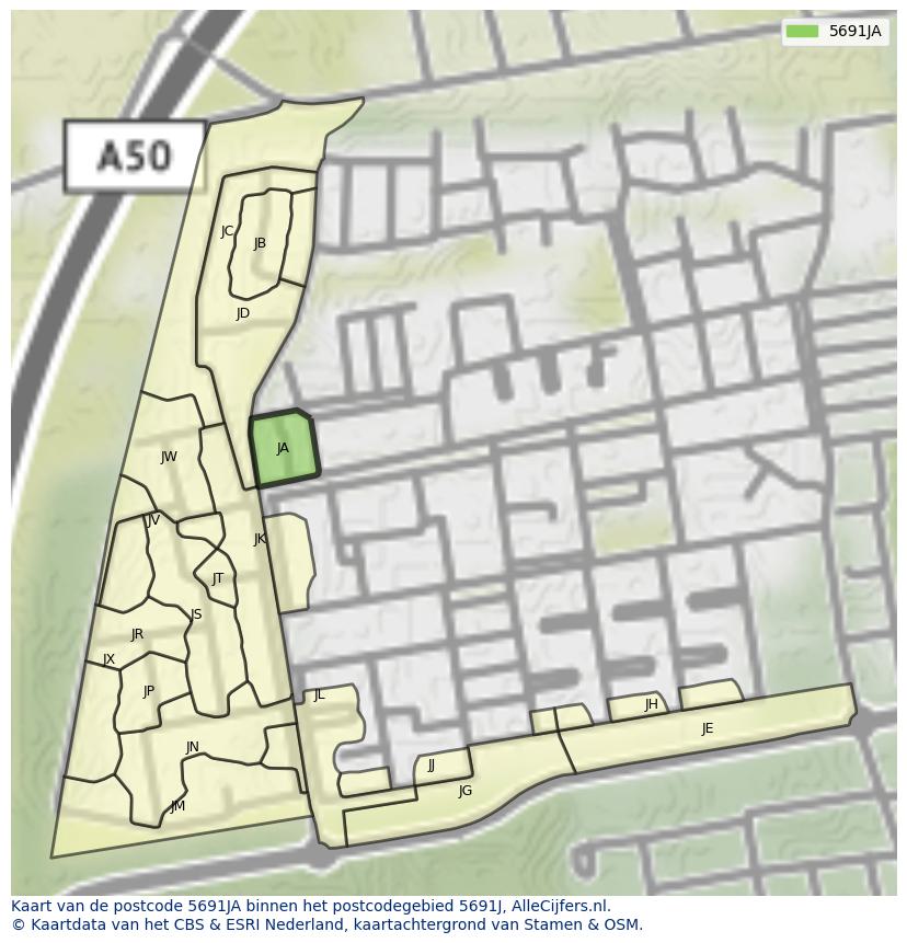 Afbeelding van het postcodegebied 5691 JA op de kaart.
