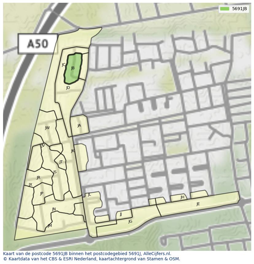 Afbeelding van het postcodegebied 5691 JB op de kaart.