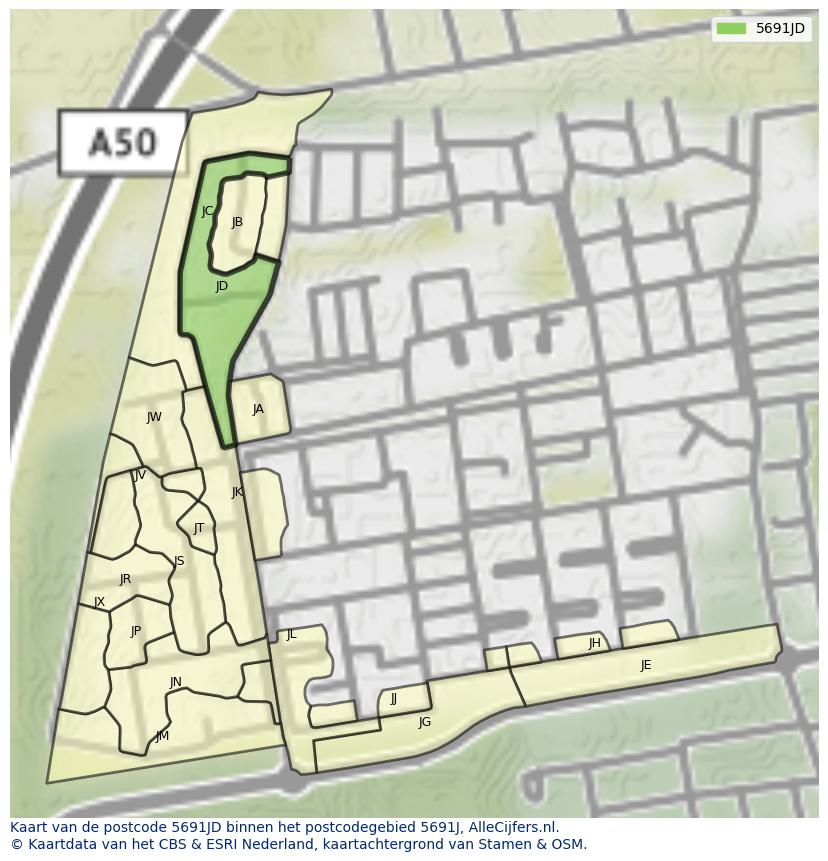 Afbeelding van het postcodegebied 5691 JD op de kaart.