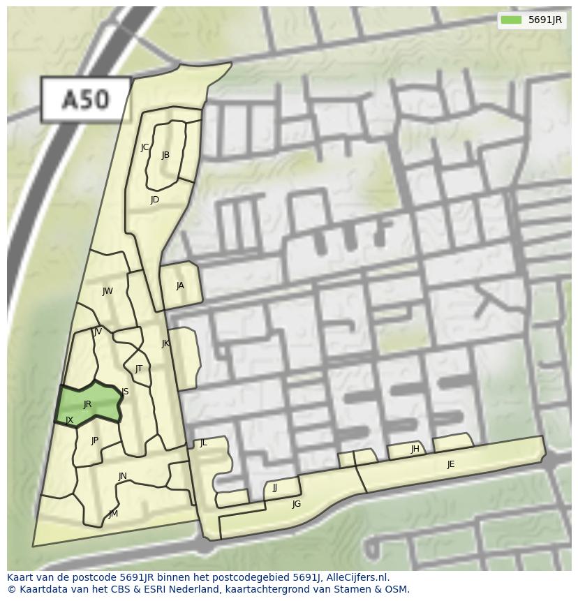 Afbeelding van het postcodegebied 5691 JR op de kaart.