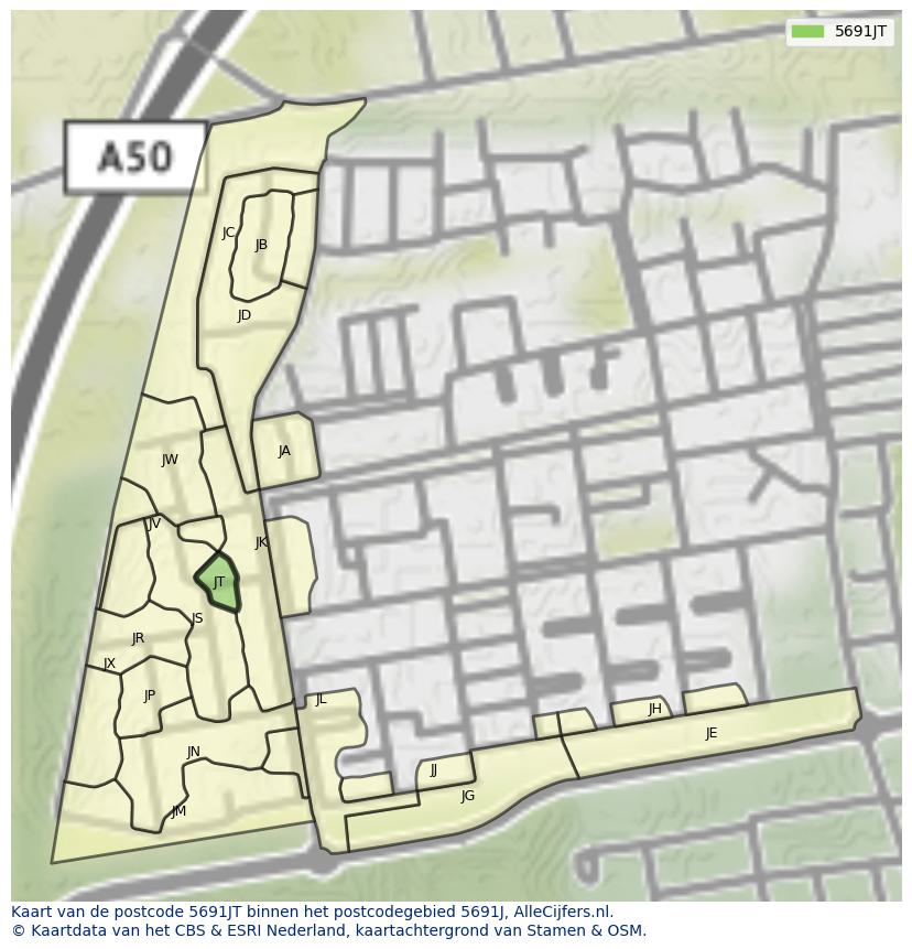 Afbeelding van het postcodegebied 5691 JT op de kaart.