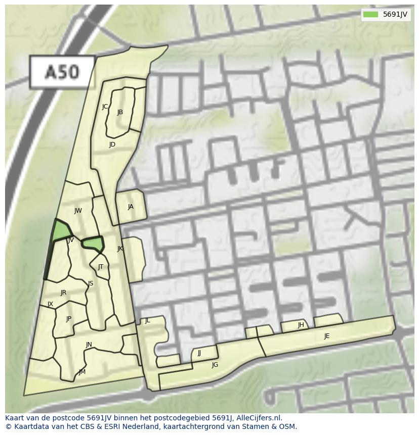 Afbeelding van het postcodegebied 5691 JV op de kaart.