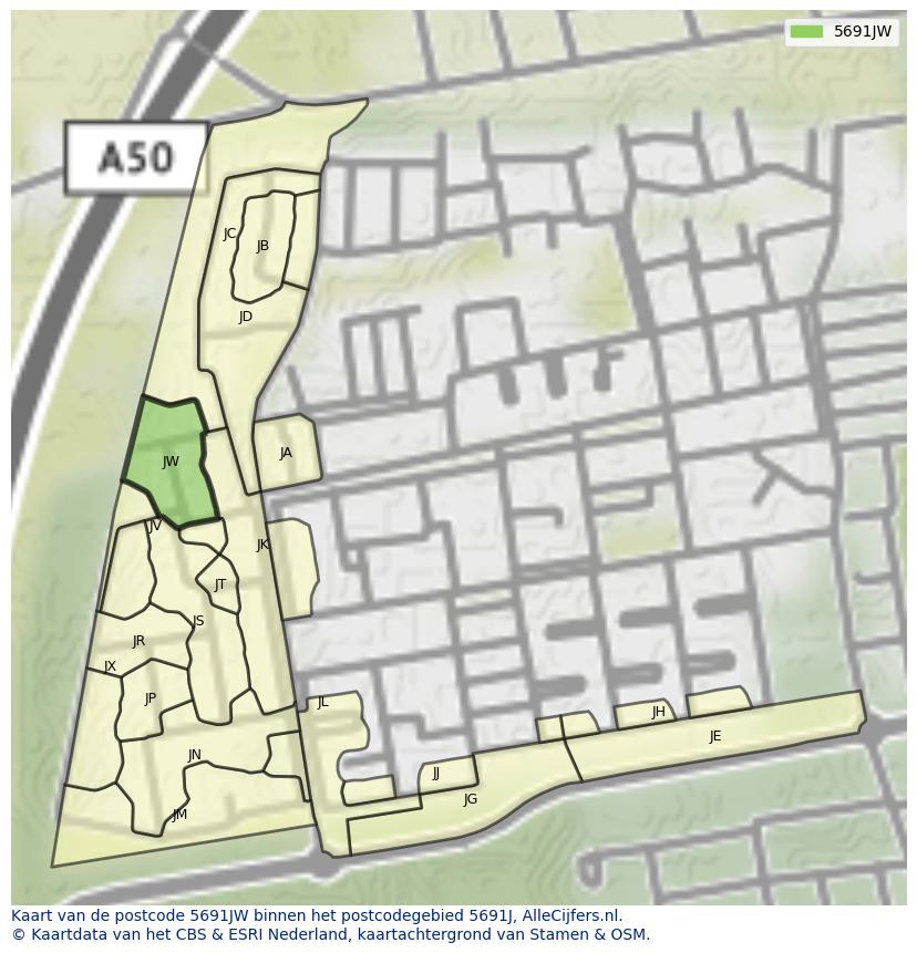 Afbeelding van het postcodegebied 5691 JW op de kaart.