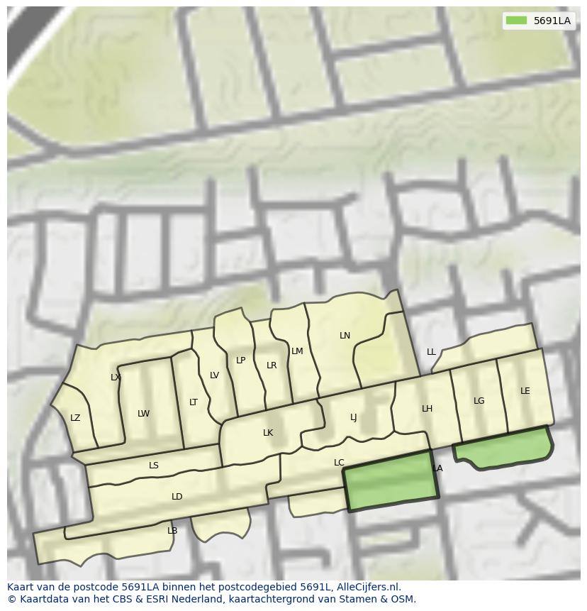 Afbeelding van het postcodegebied 5691 LA op de kaart.
