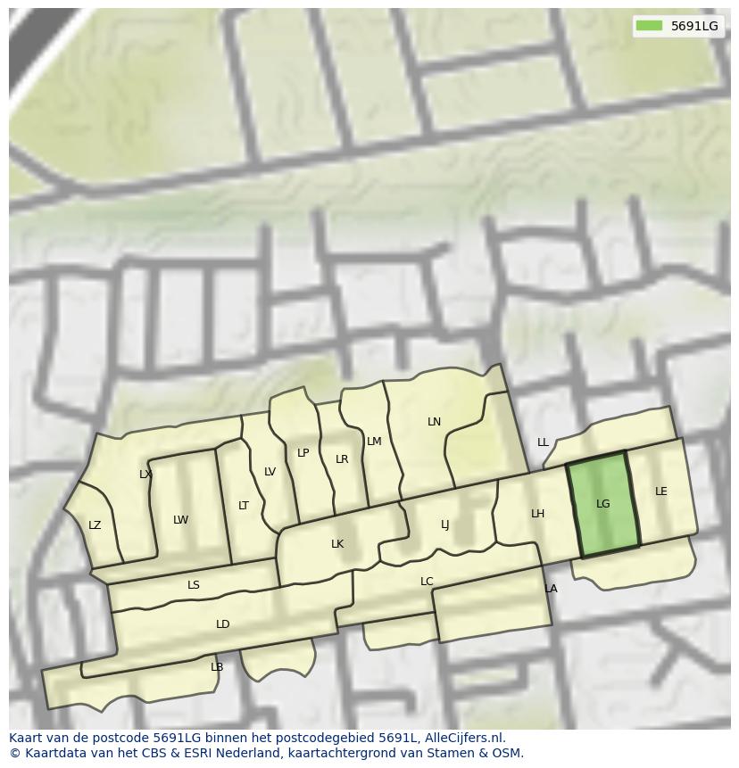 Afbeelding van het postcodegebied 5691 LG op de kaart.