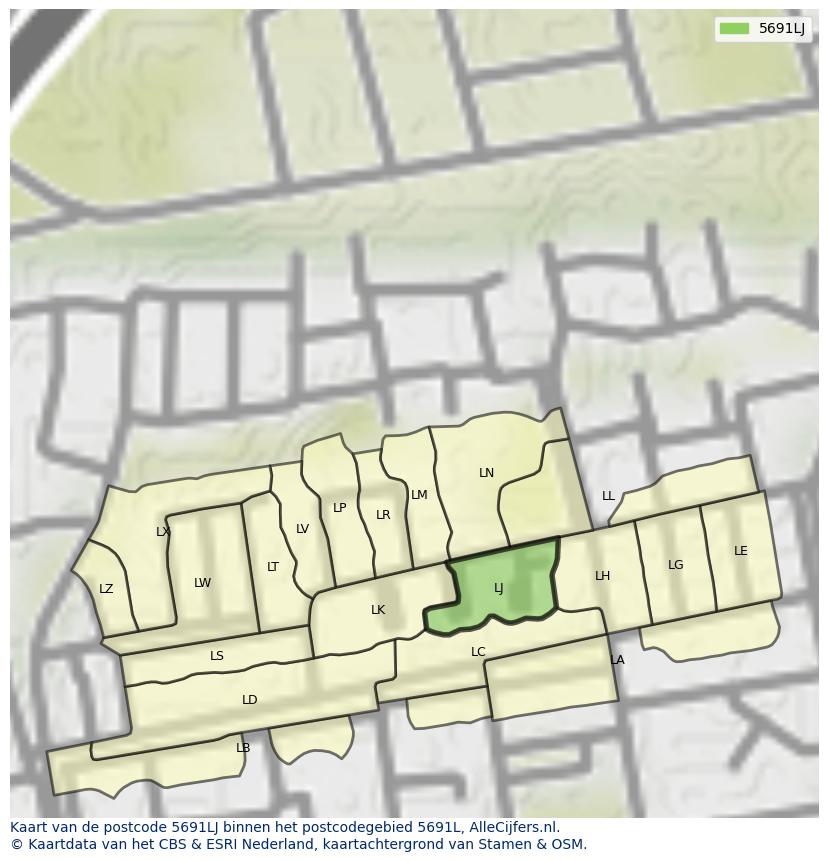 Afbeelding van het postcodegebied 5691 LJ op de kaart.
