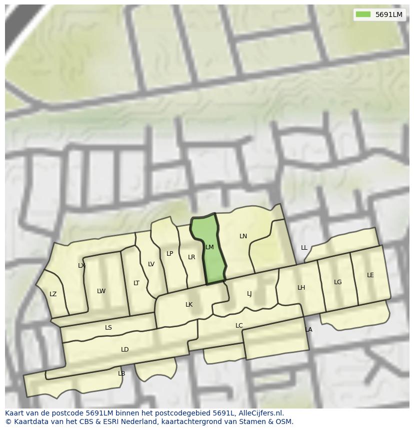 Afbeelding van het postcodegebied 5691 LM op de kaart.