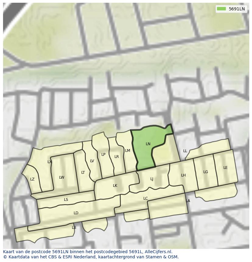 Afbeelding van het postcodegebied 5691 LN op de kaart.