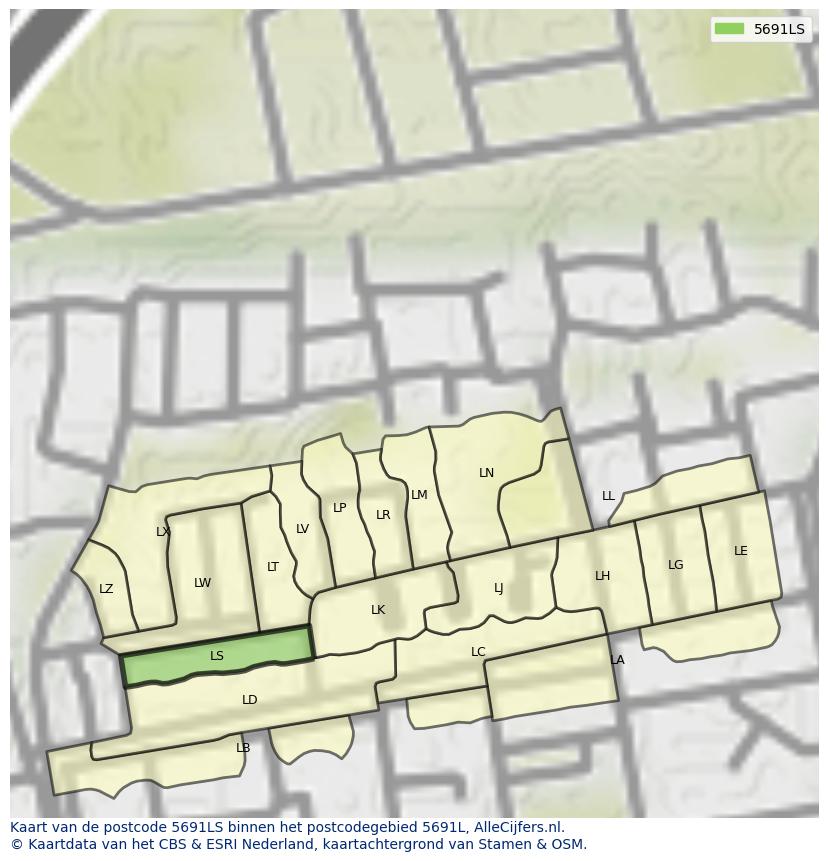 Afbeelding van het postcodegebied 5691 LS op de kaart.