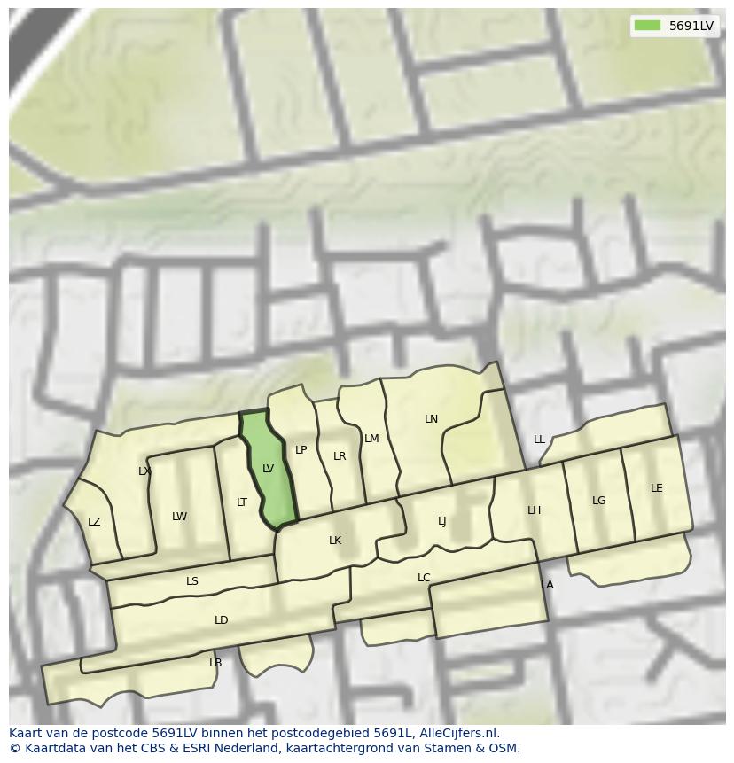 Afbeelding van het postcodegebied 5691 LV op de kaart.
