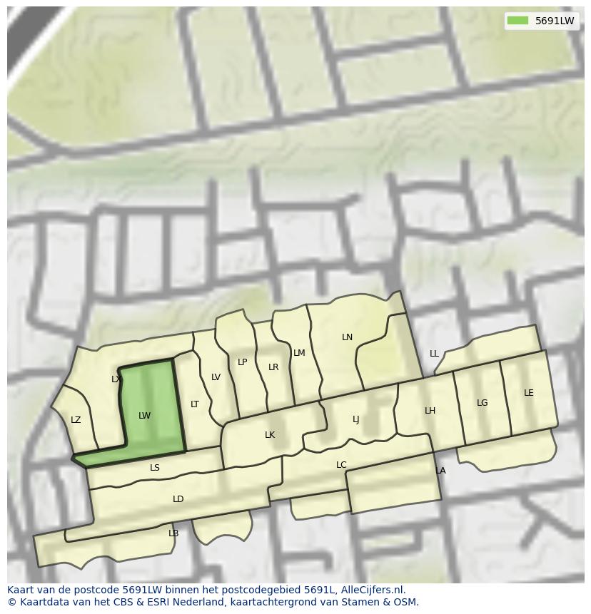 Afbeelding van het postcodegebied 5691 LW op de kaart.