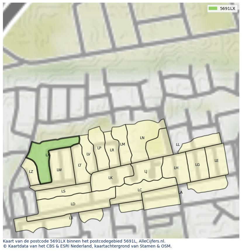 Afbeelding van het postcodegebied 5691 LX op de kaart.
