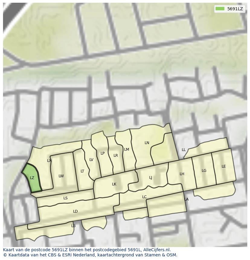 Afbeelding van het postcodegebied 5691 LZ op de kaart.