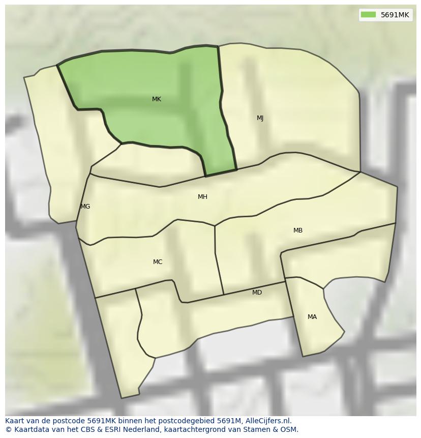 Afbeelding van het postcodegebied 5691 MK op de kaart.
