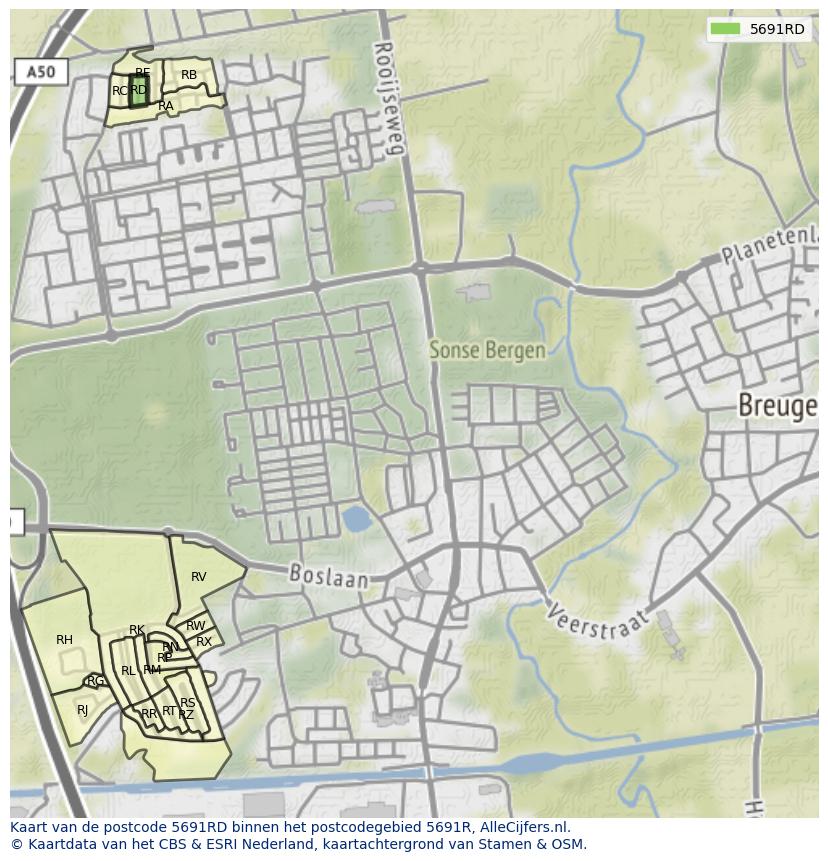 Afbeelding van het postcodegebied 5691 RD op de kaart.