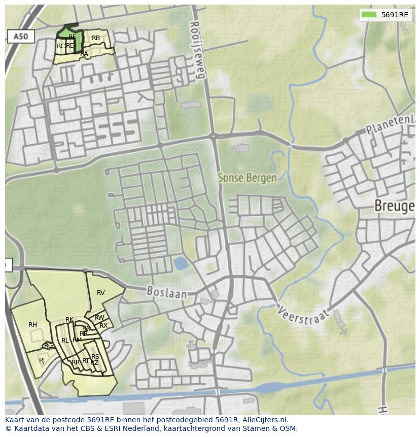 Afbeelding van het postcodegebied 5691 RE op de kaart.