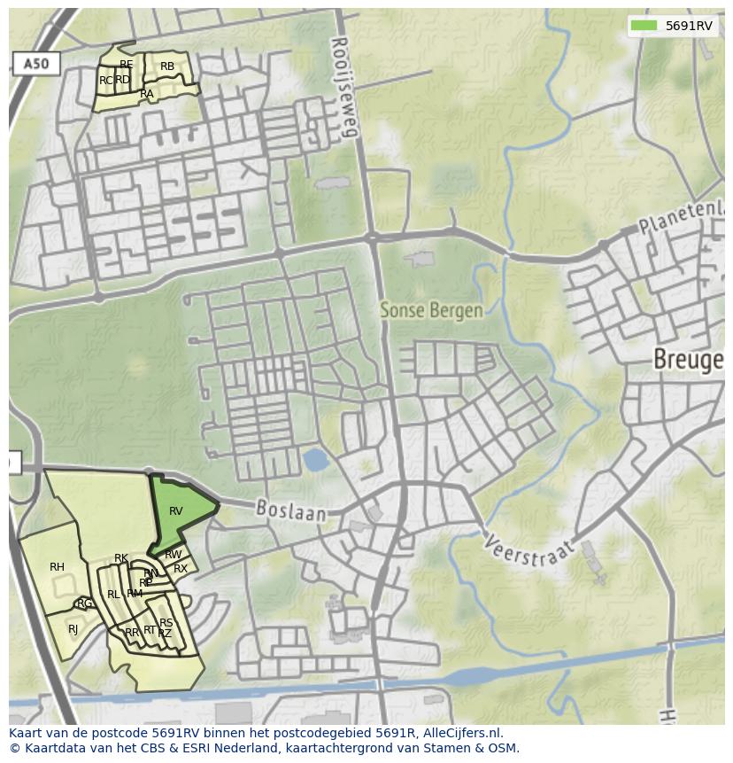 Afbeelding van het postcodegebied 5691 RV op de kaart.