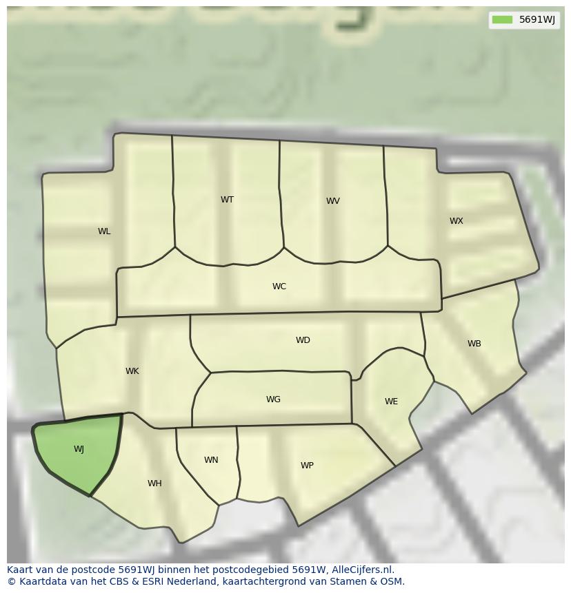 Afbeelding van het postcodegebied 5691 WJ op de kaart.