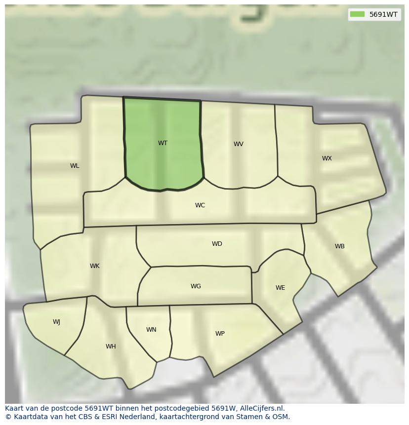 Afbeelding van het postcodegebied 5691 WT op de kaart.