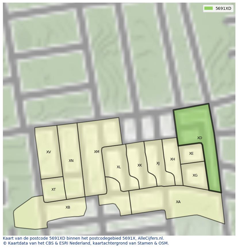 Afbeelding van het postcodegebied 5691 XD op de kaart.