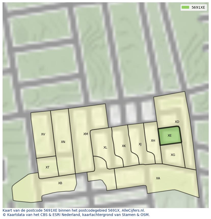 Afbeelding van het postcodegebied 5691 XE op de kaart.