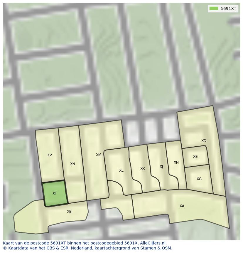 Afbeelding van het postcodegebied 5691 XT op de kaart.