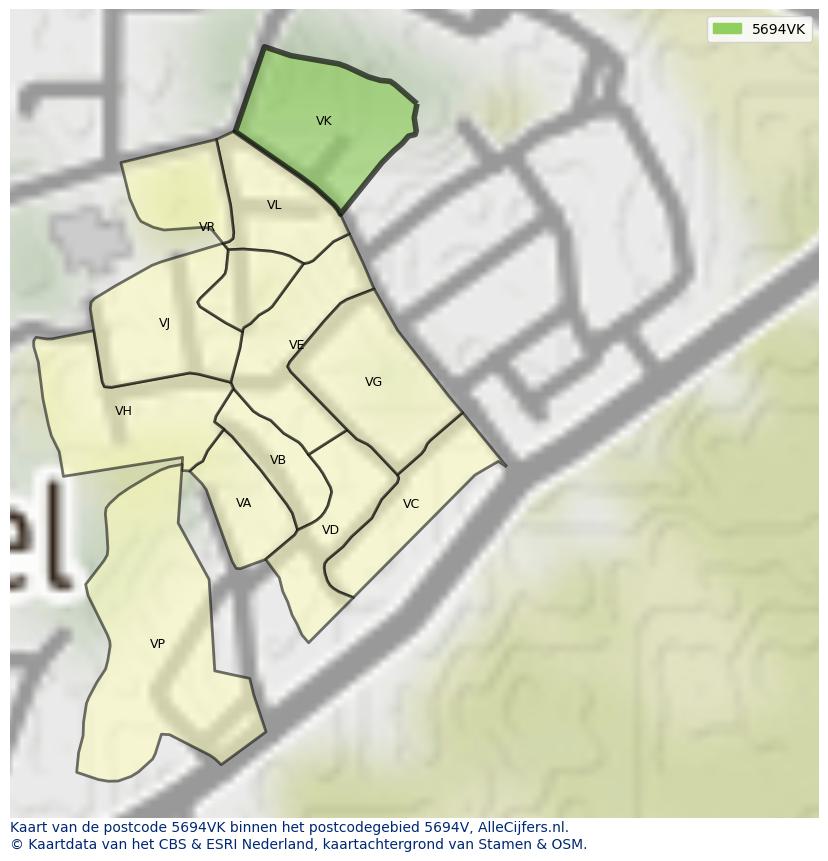 Afbeelding van het postcodegebied 5694 VK op de kaart.