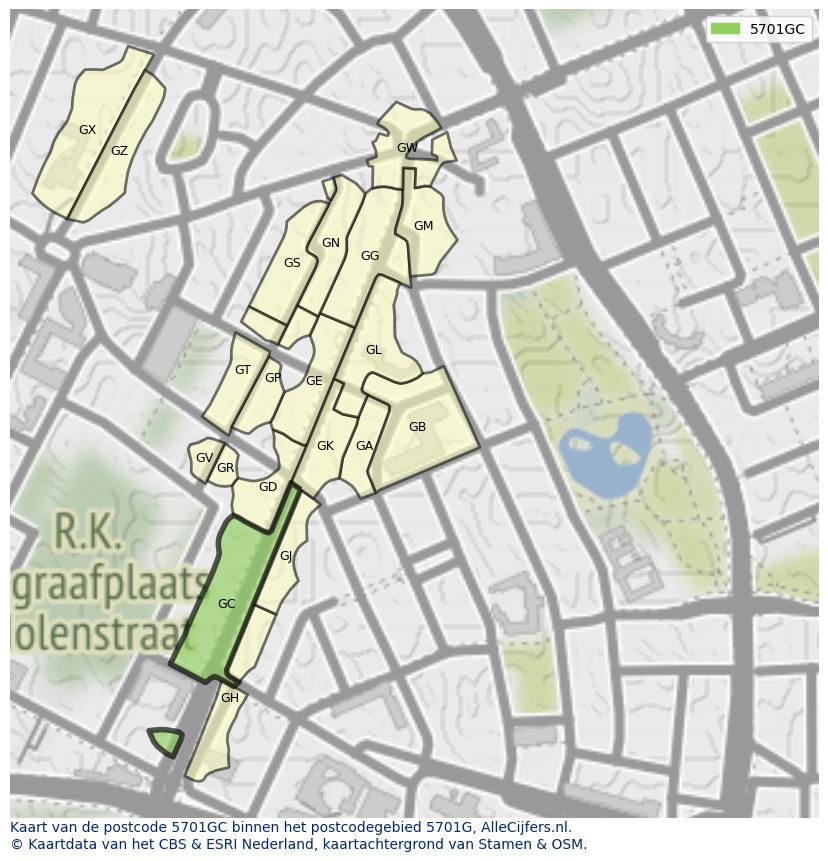 Afbeelding van het postcodegebied 5701 GC op de kaart.