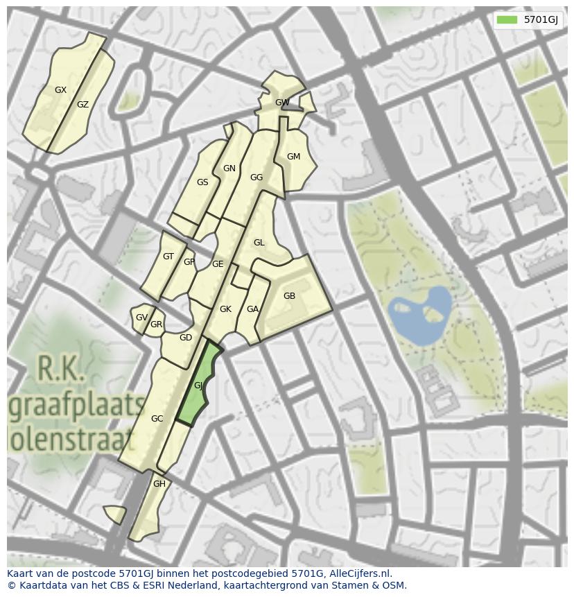 Afbeelding van het postcodegebied 5701 GJ op de kaart.