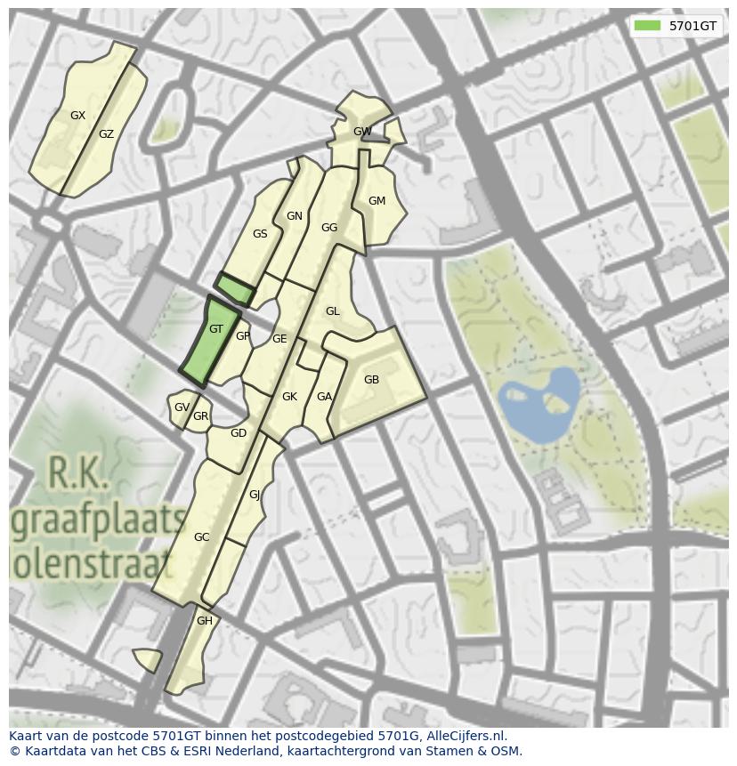 Afbeelding van het postcodegebied 5701 GT op de kaart.