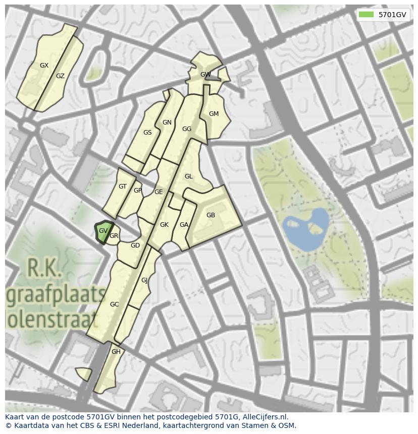 Afbeelding van het postcodegebied 5701 GV op de kaart.
