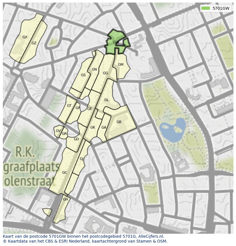Afbeelding van het postcodegebied 5701 GW op de kaart.
