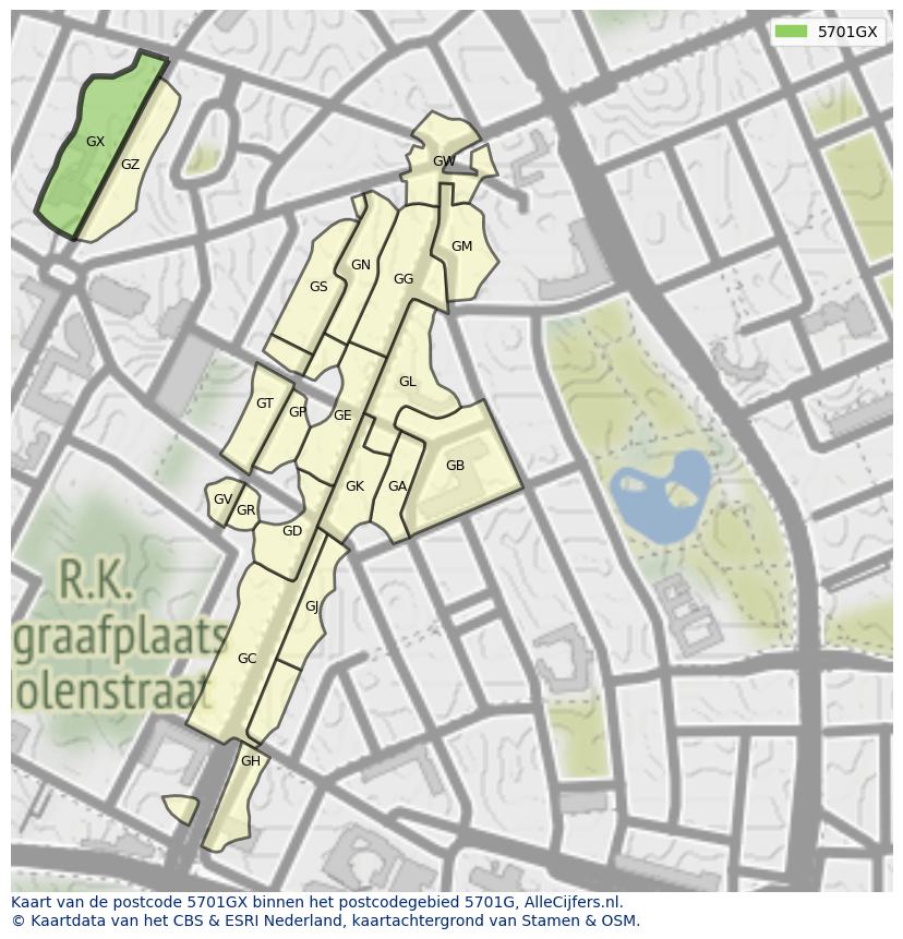 Afbeelding van het postcodegebied 5701 GX op de kaart.