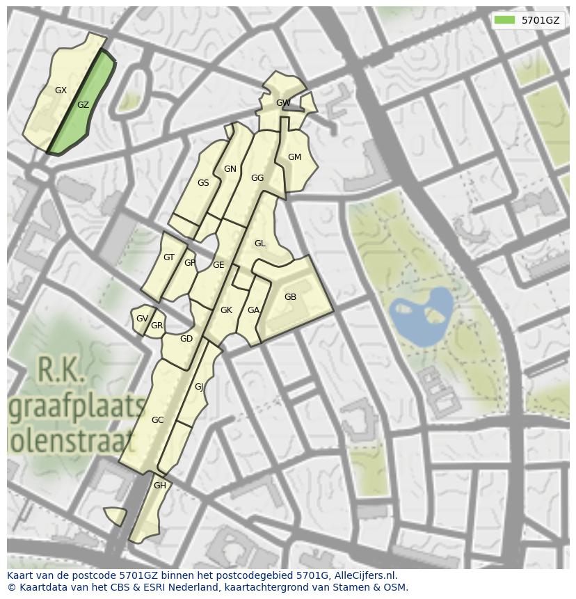 Afbeelding van het postcodegebied 5701 GZ op de kaart.