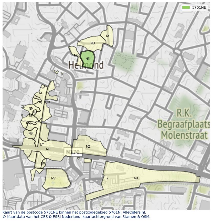 Afbeelding van het postcodegebied 5701 NE op de kaart.