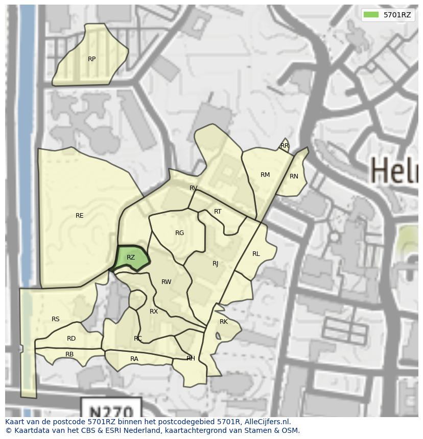 Afbeelding van het postcodegebied 5701 RZ op de kaart.