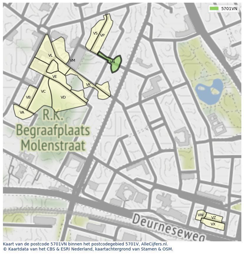Afbeelding van het postcodegebied 5701 VN op de kaart.