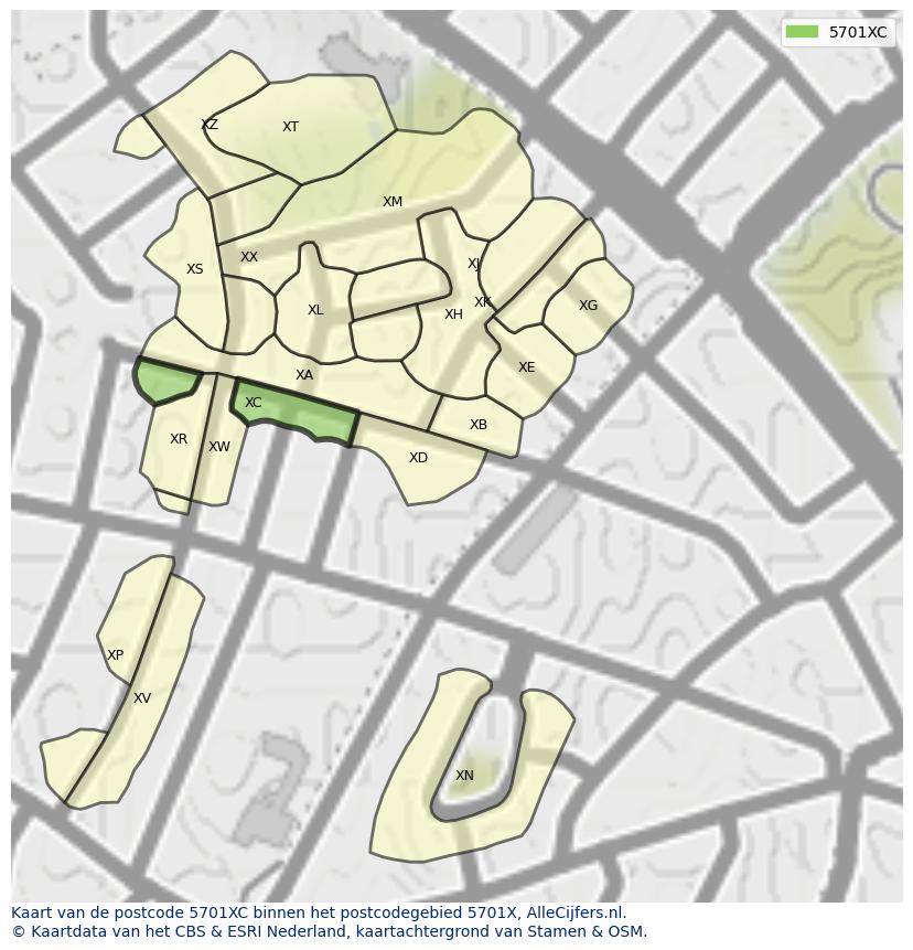 Afbeelding van het postcodegebied 5701 XC op de kaart.