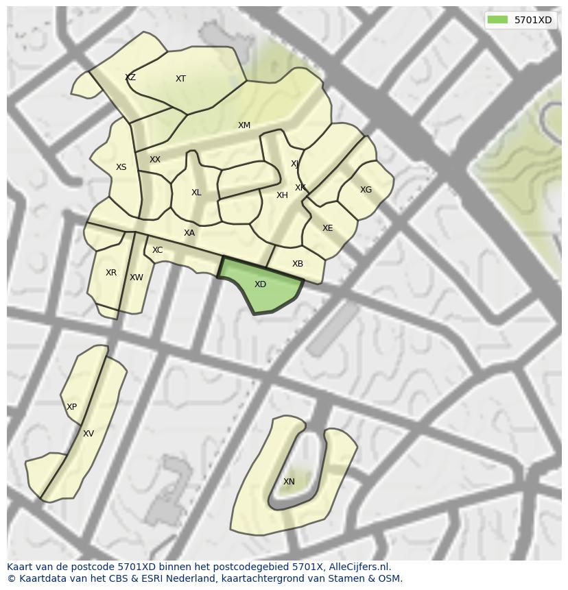 Afbeelding van het postcodegebied 5701 XD op de kaart.