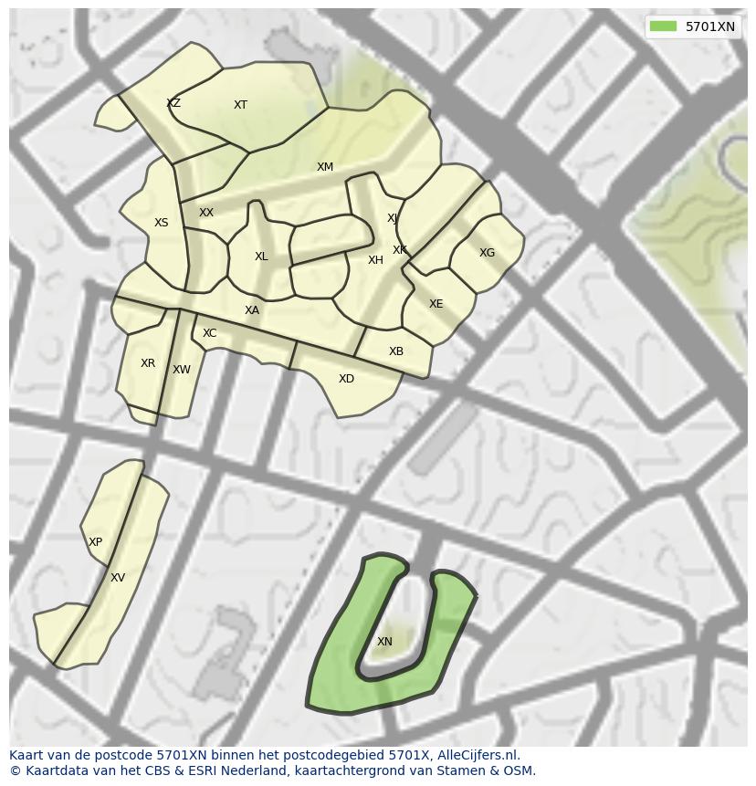Afbeelding van het postcodegebied 5701 XN op de kaart.