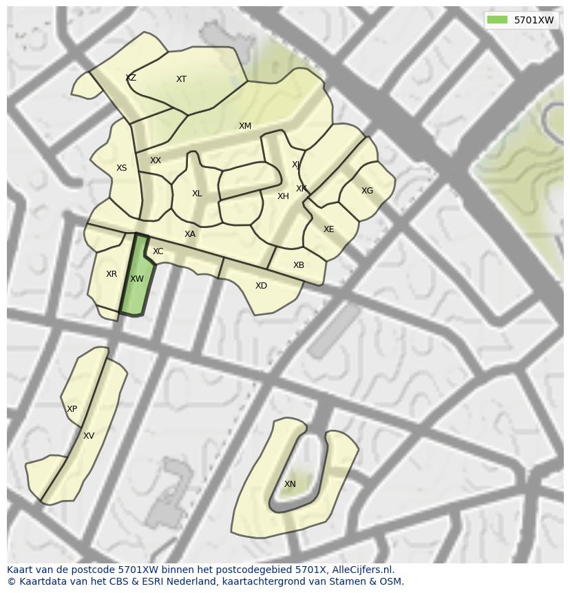 Afbeelding van het postcodegebied 5701 XW op de kaart.