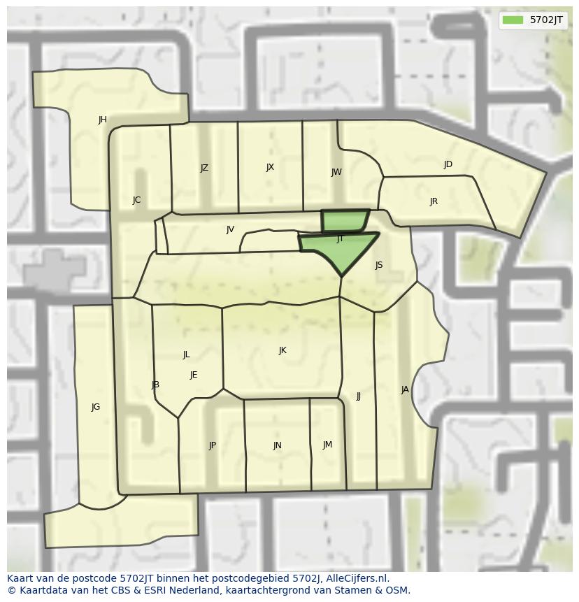 Afbeelding van het postcodegebied 5702 JT op de kaart.