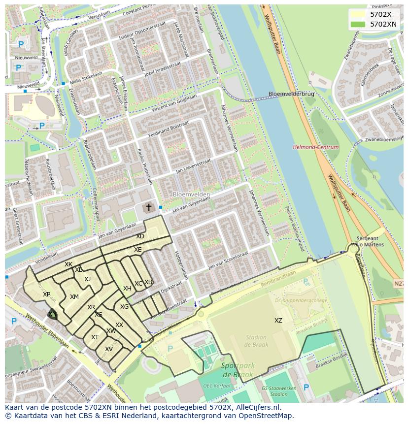 Afbeelding van het postcodegebied 5702 XN op de kaart.