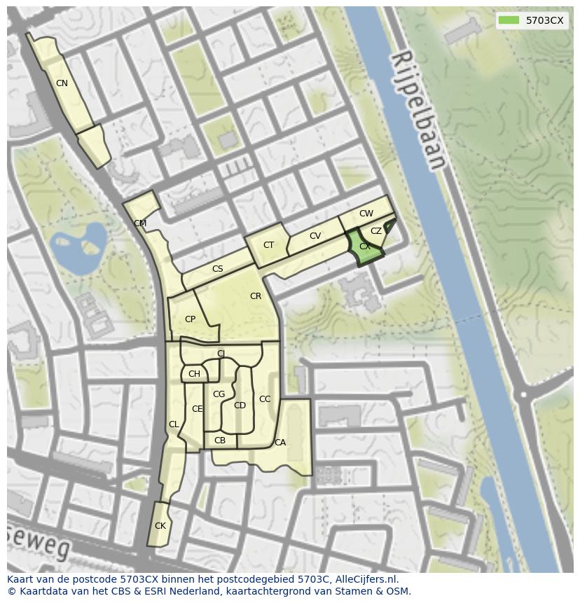 Afbeelding van het postcodegebied 5703 CX op de kaart.
