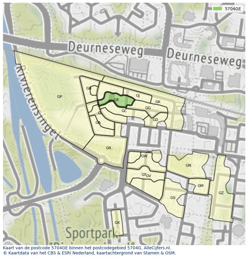 Afbeelding van het postcodegebied 5704 GE op de kaart.
