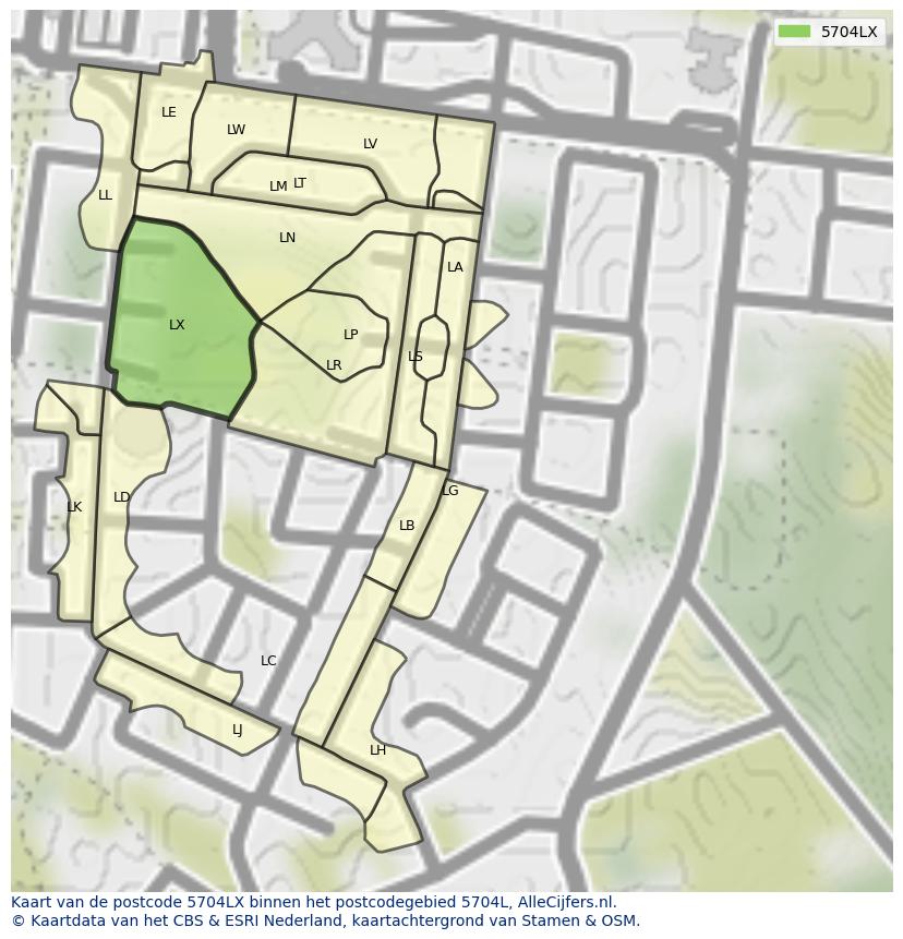 Afbeelding van het postcodegebied 5704 LX op de kaart.