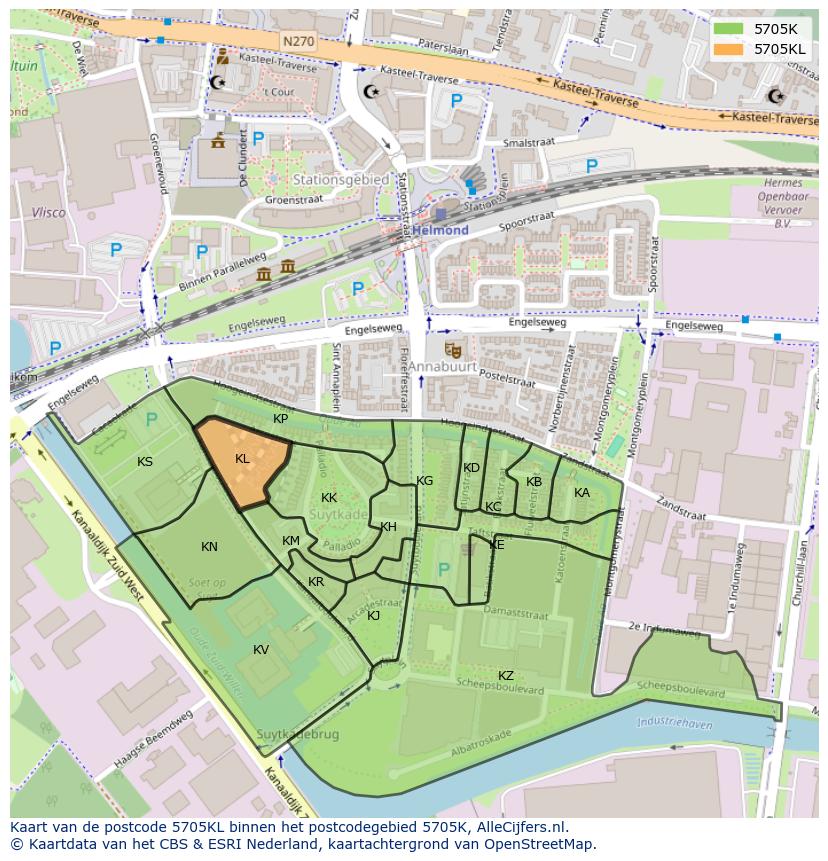 Afbeelding van het postcodegebied 5705 KL op de kaart.